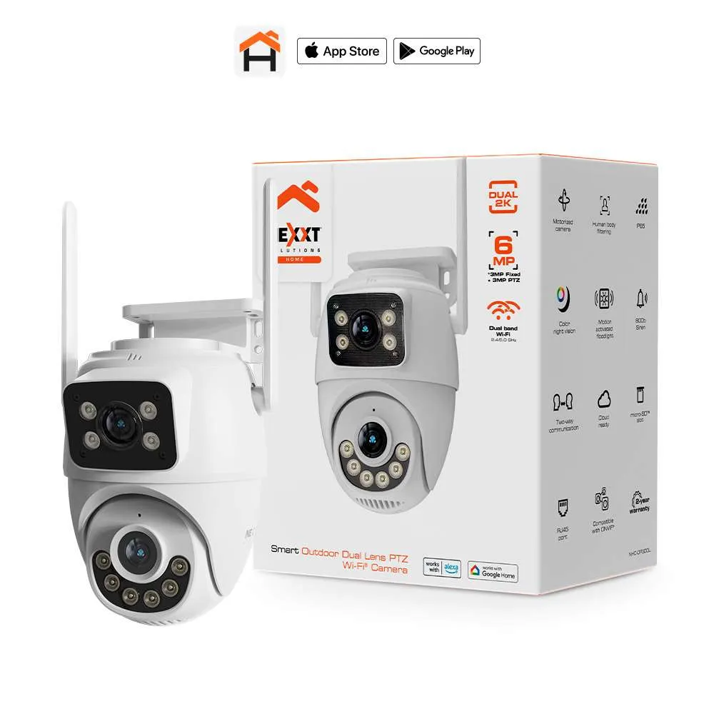 Nexxt camara inteligente Wi-Fi, doble lente, 3mp+3mp PTZ, IP65, ranura MicroSD, Vision nocturna Color