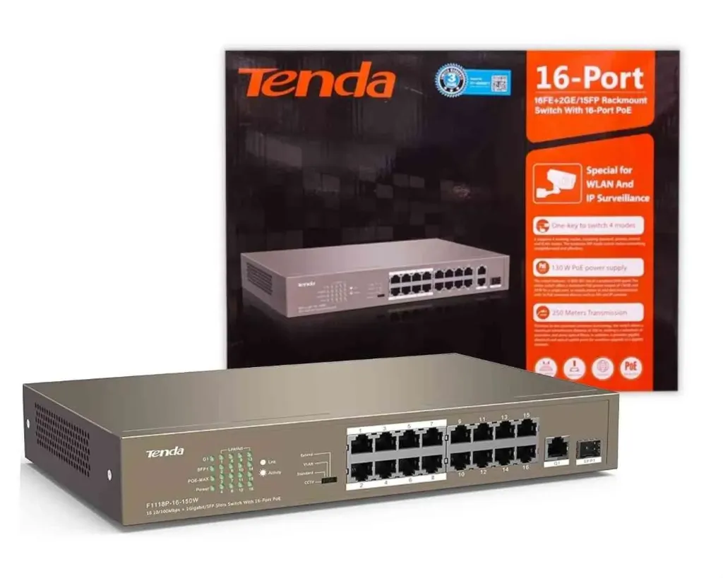 [TEF1118P-16-150W] Tenda Switch PoE extendido TEF1118P-16-150W, puertos: 16 FE PoE, 2 GE y 1 SFP, 150 watts, montaje en rack, 4 modos de operación